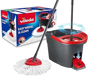 Vileda Easy Wring & Clean spin mop & bucket set with foot pedal | Vileda |3-Piece Handle 130 cm |Floor mop with spinning wringer | Turbo Refill 100% Microfibre mop head