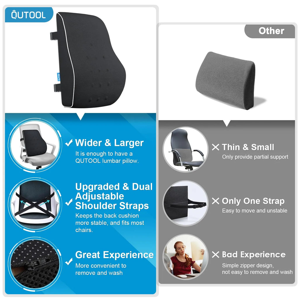Lumbar Support Pillow for Office Chair Memory Foam Back Cushion for Back Pain Relief Improve Posture Large Back Pillow for Car, Computer Chair, Recliner Breathable Mesh Cover Double Adjustable Straps