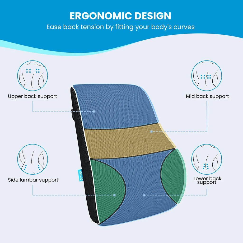 Lumbar Support Pillow for Office Chair Memory Foam Back Cushion for Back Pain Relief Improve Posture Large Back Pillow for Car, Computer Chair, Recliner Breathable Mesh Cover Double Adjustable Straps