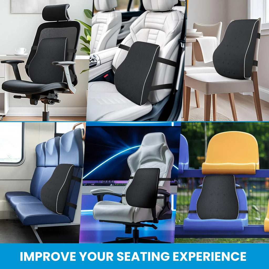 Lumbar Support Pillow for Office Chair Memory Foam Back Cushion for Back Pain Relief Improve Posture Large Back Pillow for Car, Computer Chair, Recliner Breathable Mesh Cover Double Adjustable Straps