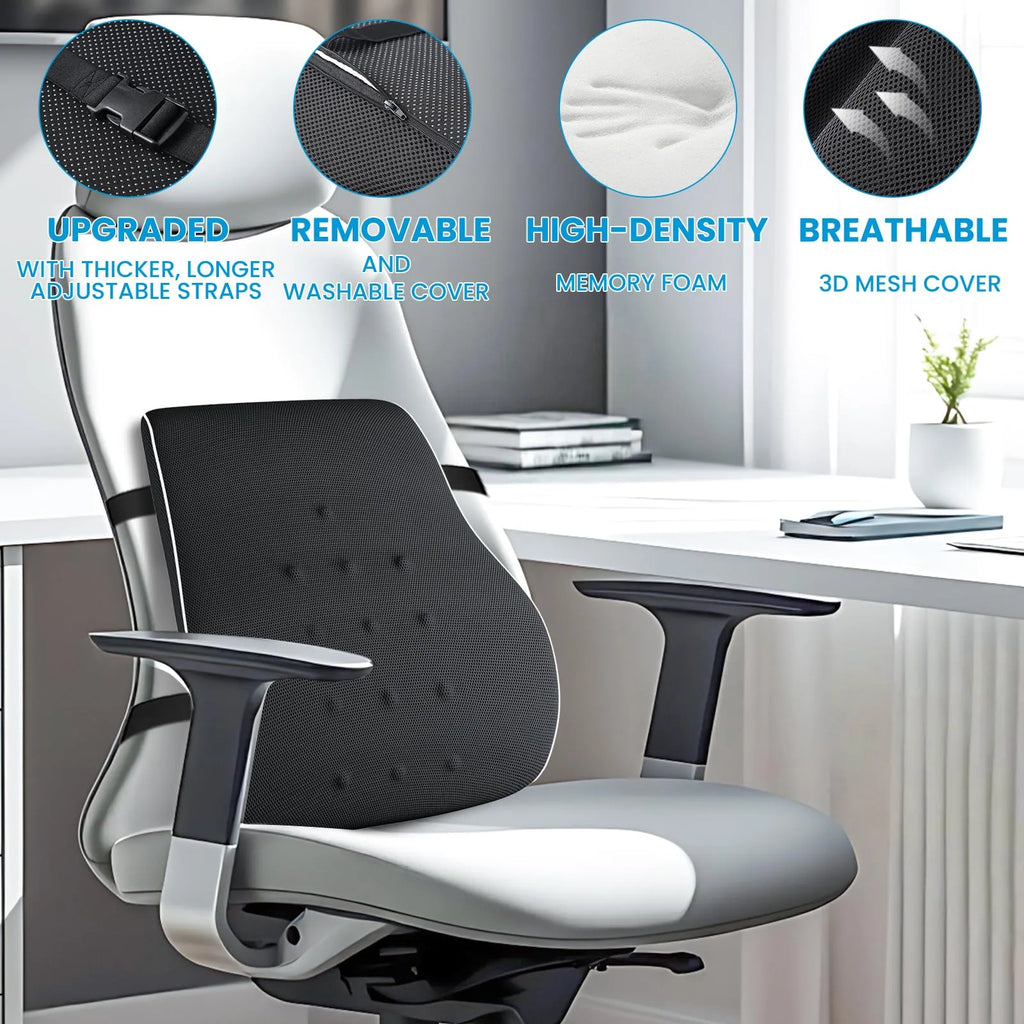 Lumbar Support Pillow for Office Chair Memory Foam Back Cushion for Back Pain Relief Improve Posture Large Back Pillow for Car, Computer Chair, Recliner Breathable Mesh Cover Double Adjustable Straps