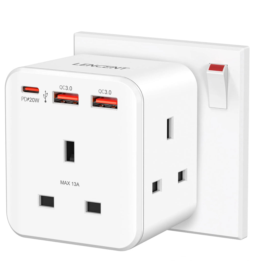 LENCENT Multi Plug Extension, 3 Way 3 Plugs Socket adapter, 6-in-1 Cube Electrical Extender Outlet Adaptor, PD&QC 3.0 20W USB Wall Charger, Plug Expander for Home, Office, Kitchen, 13A 3250W