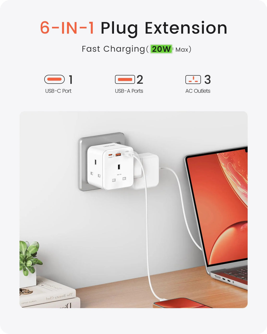 LENCENT Multi Plug Extension, 3 Way 3 Plugs Socket adapter, 6-in-1 Cube Electrical Extender Outlet Adaptor, PD&QC 3.0 20W USB Wall Charger, Plug Expander for Home, Office, Kitchen, 13A 3250W