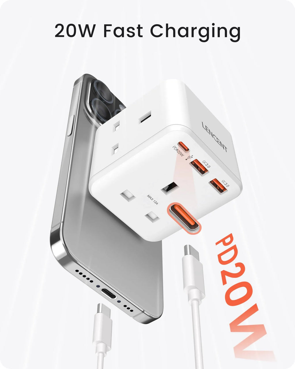 LENCENT Multi Plug Extension, 3 Way 3 Plugs Socket adapter, 6-in-1 Cube Electrical Extender Outlet Adaptor, PD&QC 3.0 20W USB Wall Charger, Plug Expander for Home, Office, Kitchen, 13A 3250W