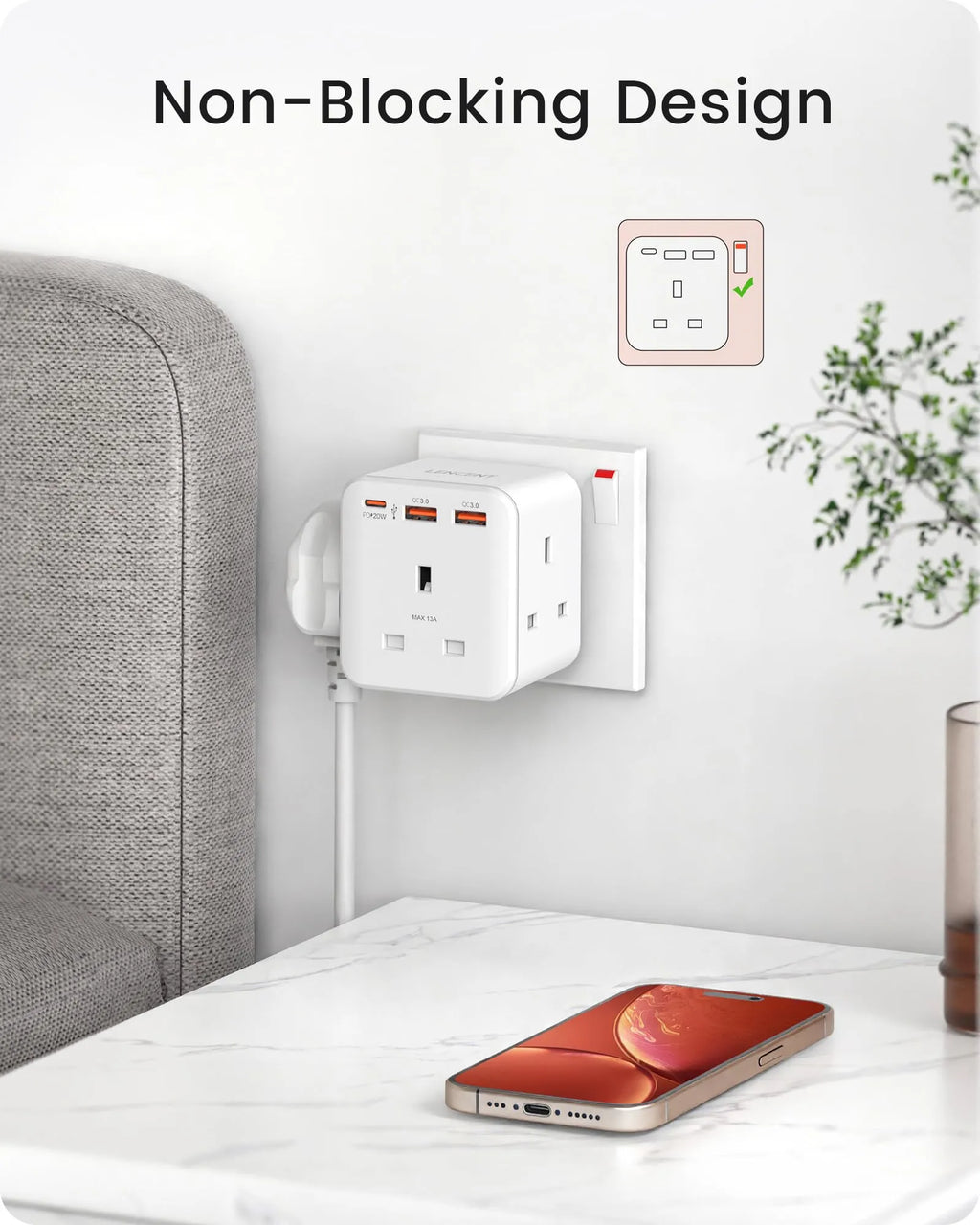 LENCENT Multi Plug Extension, 3 Way 3 Plugs Socket adapter, 6-in-1 Cube Electrical Extender Outlet Adaptor, PD&QC 3.0 20W USB Wall Charger, Plug Expander for Home, Office, Kitchen, 13A 3250W